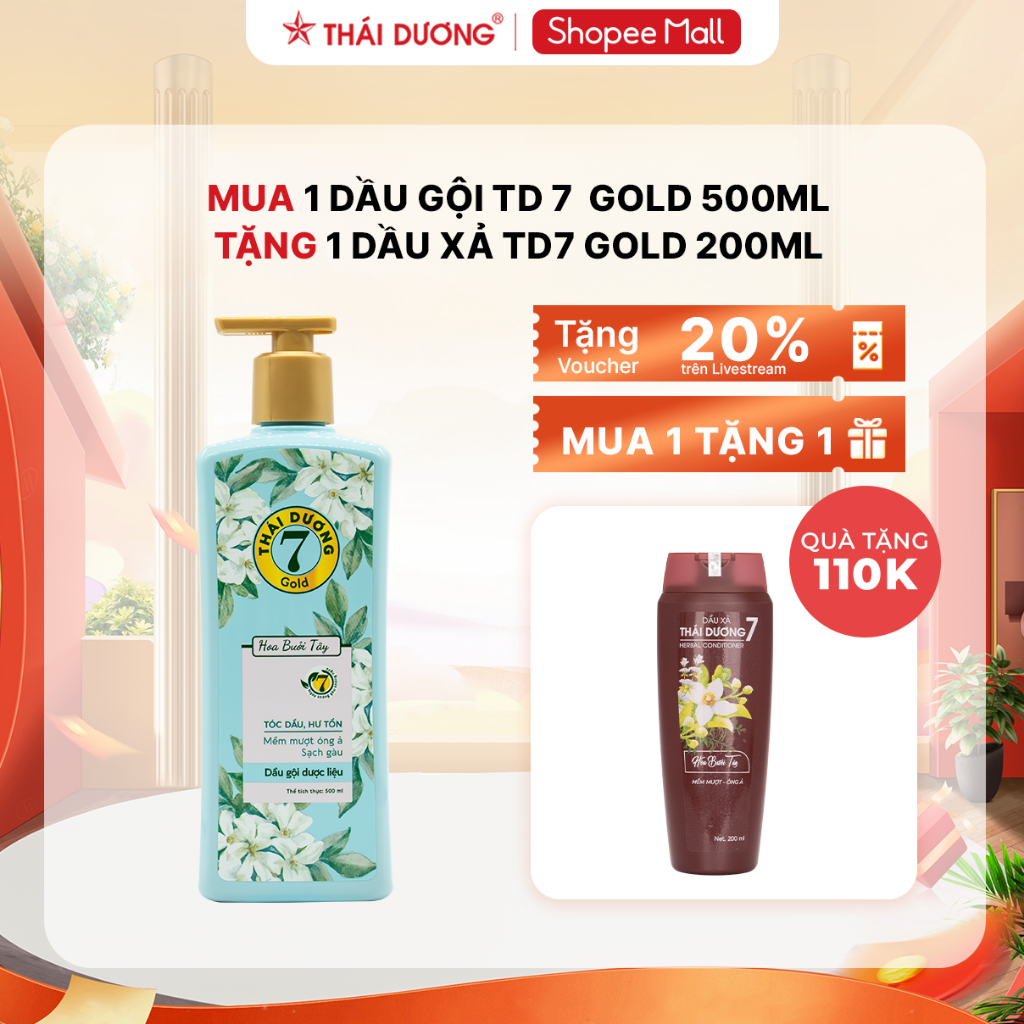 [Sale Tháng 2] Mua Dầu gội dược liệu Thái Dương 7 GOLD Bưởi tây 500ml tặng Dầu xả Thái Dương 7 Hoa Bưởi Tây 200ml