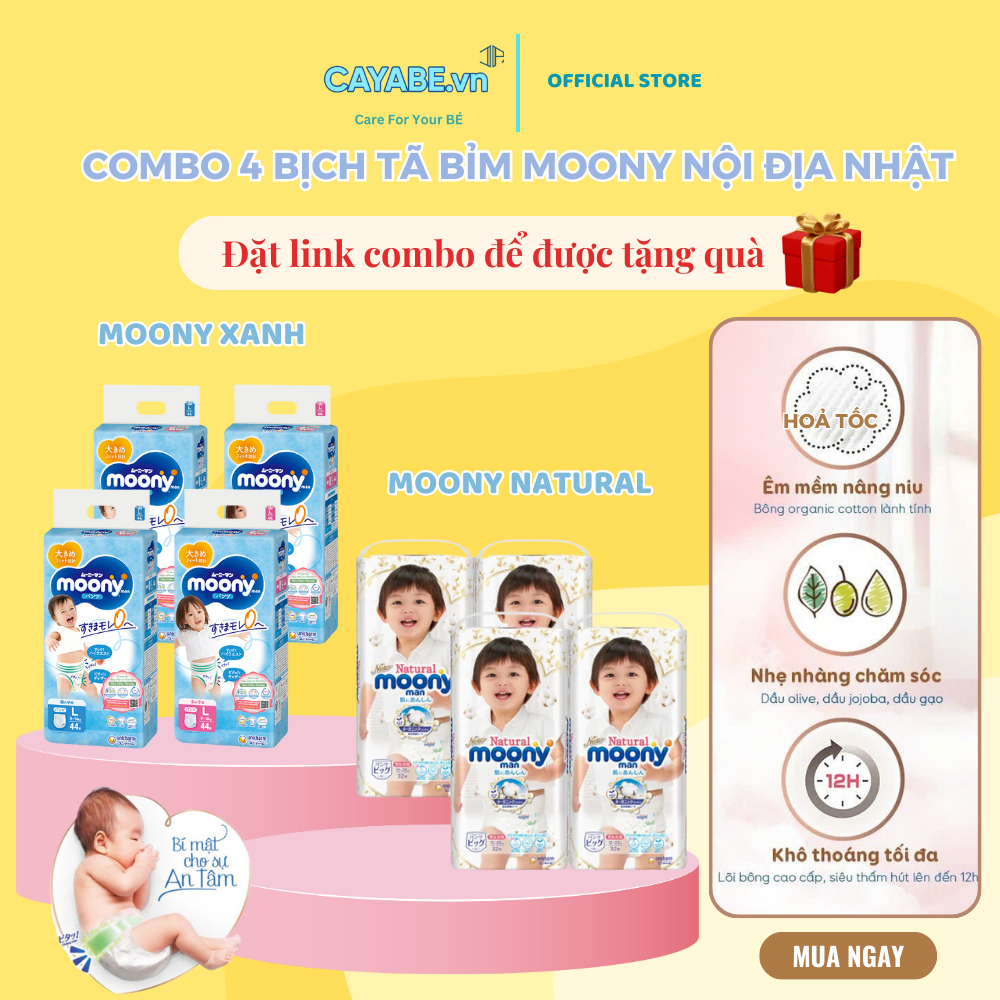 {TẶNG QUÀ}: Combo 4 bịch Tã Bỉm dán/ Tã quần cho bé MOONY NATURAL, MOONY XANH (NỘI ĐỊA NHẬT) đủ size