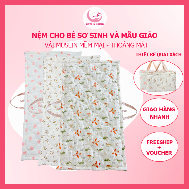 Nệm cho bé sơ sinh, mẫu giáo Katina House, chất vải muslin mềm mại, thoáng khí, thấm hút tốt