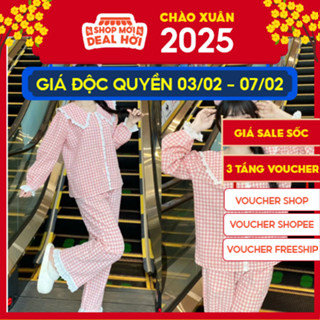 Bộ Đồ Ngủ Pijama Kẻ Caro, Đồ Mặc Nhà Nữ 2 Màu Xanh Hồng Xinh Xắn Áo Tay Dài Quần Dài Nhà Pink