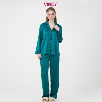 BSD070W41-BỘ SATIN DÀI CAO CẤP CỔ PIJAMA VỚI HỌA TIẾT MÀU XANH CHẤM BI ĐEN MANG NÉT SANG TRỌNG VÀ NỔI BẬT.