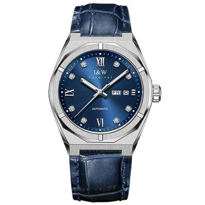 Đồng hồ nam chính hãng I&W Carnival 751G-D2,Kính sapphire,Chống nước 50m,Máy Cơ Automatic,mặt xanh dây da xanh