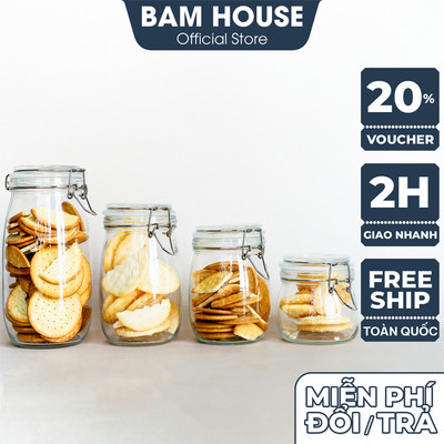 Hủ thuỷ tinh nắp cài Bam House dung tích 500ml 1000ml 1500ml 2000ml cao cấp HNC05