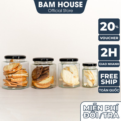 Combo 5 Hủ thủy tinh lục giác Bam House 100ml 280ml 380ml 500ml có nắp nhôm cao cấp HLG02