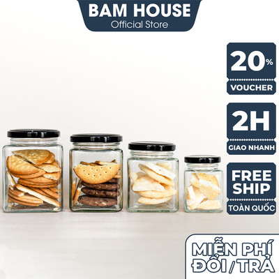 Combo 5 Hủ thuỷ tinh vuông Bam House100ml 280ml 380ml 500ml có nắp nhôm cao cấp HV01