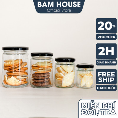 Combo 5 Hủ thủy tinh tròn Bam House 100ml 280ml 380ml 500ml có nắp nhôm cao cấp HT03