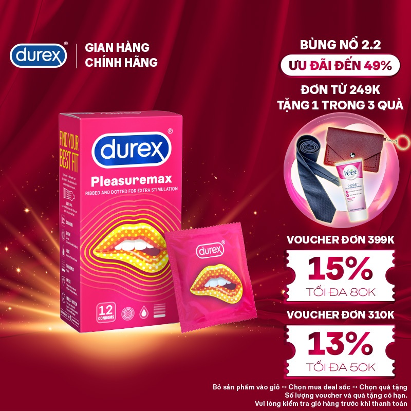 Bao cao su Durex Pleasuremax gân gai, size 56mm, 12 bao/hộp