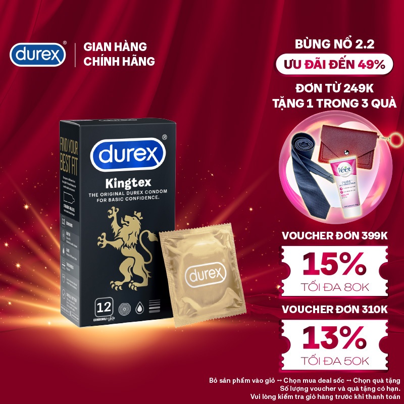 Bao cao su Durex Kingtex ôm sát, bôi trơn, size 49mm, hộp 12 bao