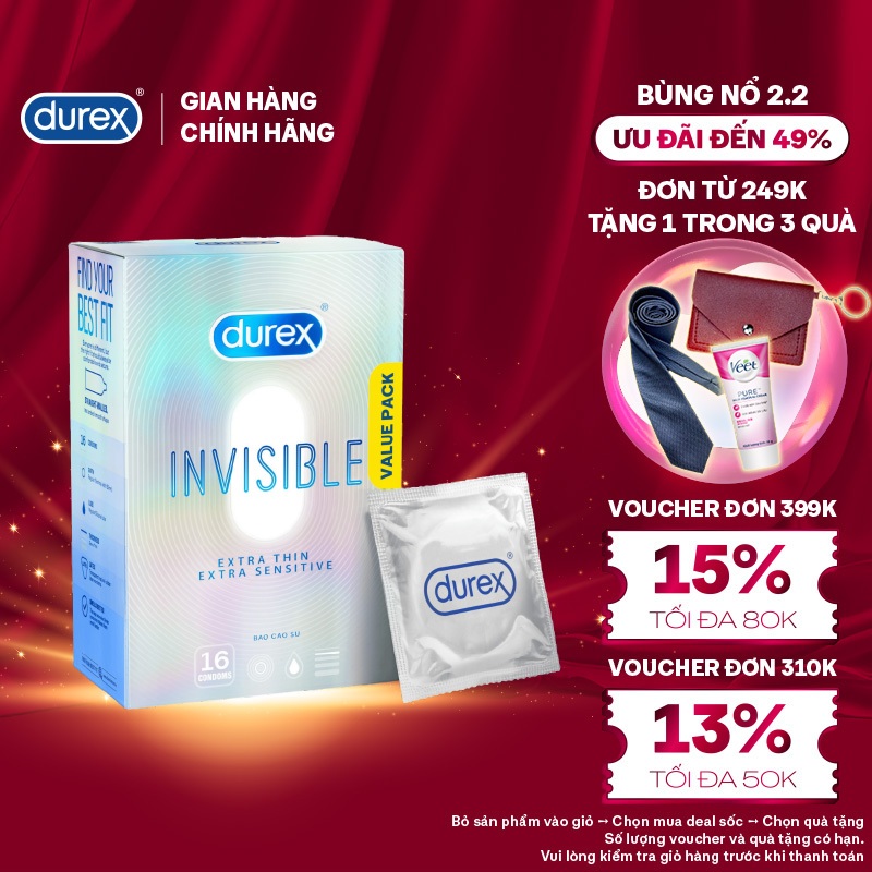 Bao Cao Su Durex Invisible Siêu Mỏng, Size 52 mm, Hộp 16 Bao Mới Ra Mắt - Hộp Lớn Siêu Tiết Kiệm