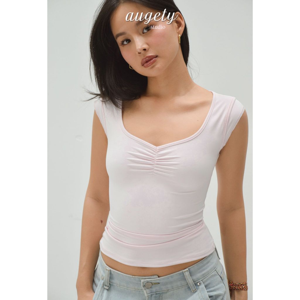 Áo Thun Ôm Tay Ngắn Cổ Tim Nhún Ngực Chiết Eo Vải Cao Cấp Augety Studio, HARLEY TOP | BigBuy360 - bigbuy360.vn