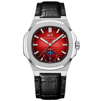 Đồng hồ nam chính hãng I&W Canrival 735G1-D8 Kính sapphire,Chống nước 50m,Bh 24 tháng,Máy cơ (Automatic),dây da mặt đỏ