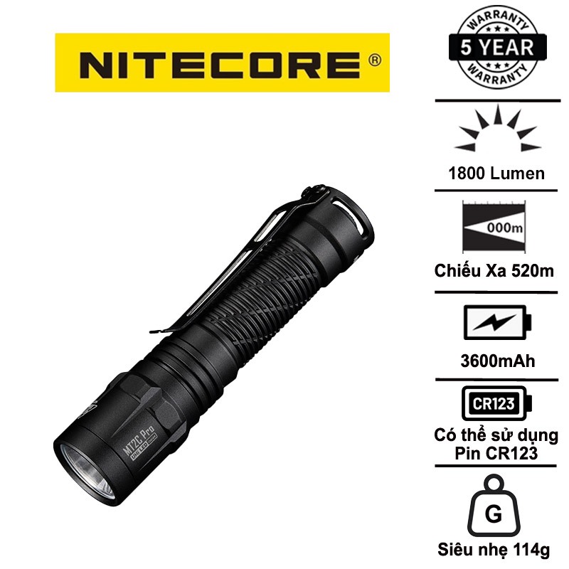Đèn pin NITECORE MT2C Pro độ sáng 1800lm chiếu xa 520m pin 18650 3600mAh