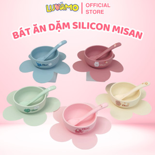 Bát ăn dặm silicon có đế hít hình bông hoa chính hãng MISAN 300ml kèm thìa an toàn cho bé LUVAMO