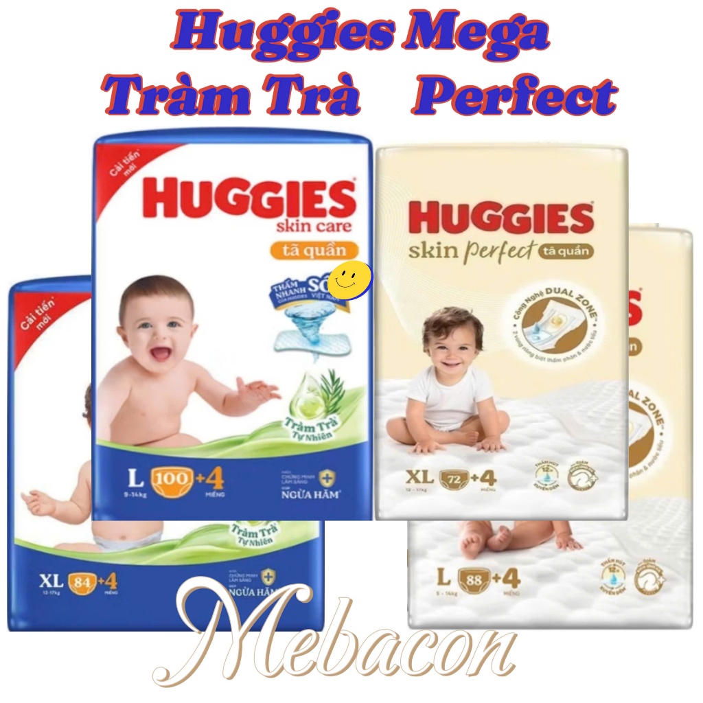 Bỉm, Tã quần Huggies Mega tràm trà, Perfect M120/102, L104/92, XL88/76, XXL80/68 mới