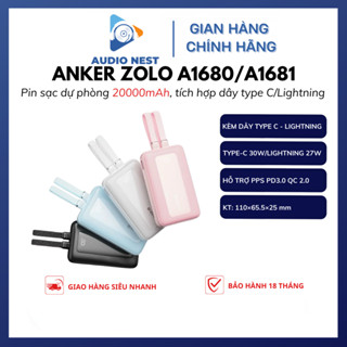 Sạc Dự Phòng Anker Zolo 30W 20000mAh A1680/A1681 Tích hợp dây Type C và Ligtning - Bảo hành 18 tháng