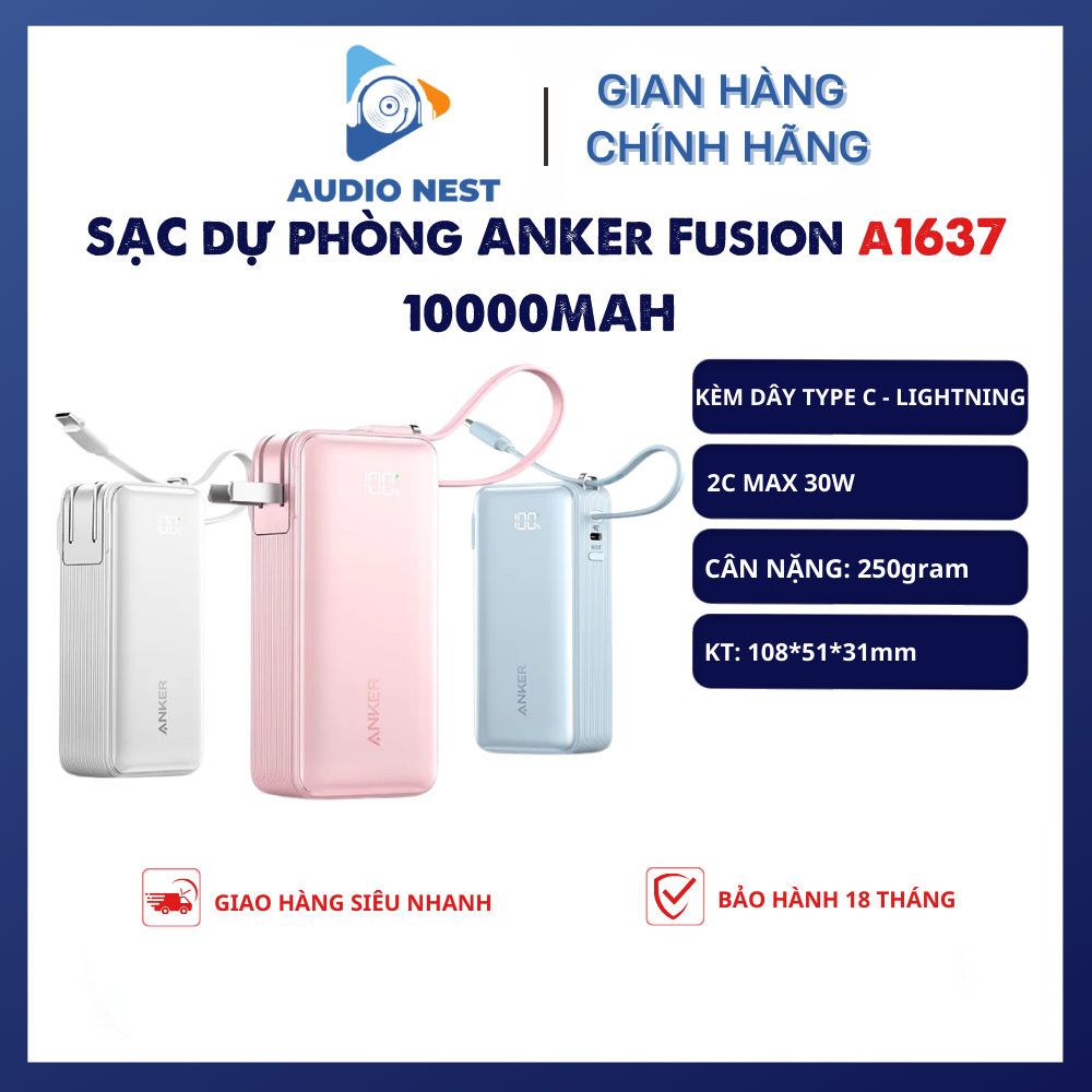  Pin Dự Phòng Anker A1637 Fusion 10000mah 30W Tích Hợp Dây Type-C Kiêm Củ Sạc - Bảo Hành 18 Tháng. 