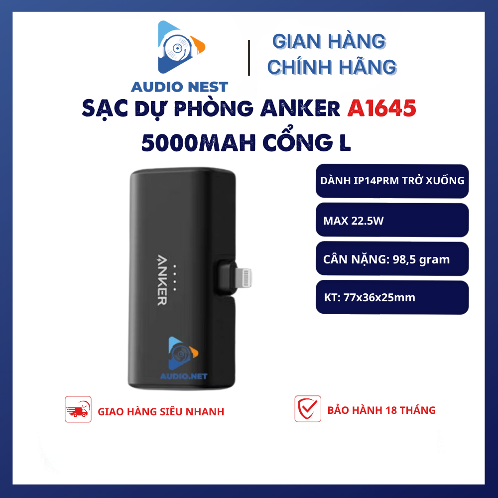 Sạc Dự Phòng Anker  A1645 Chân Gập, Đầu Sạc Cổng L, 5000mAh 22,5W  - Bảo hành 18 tháng.