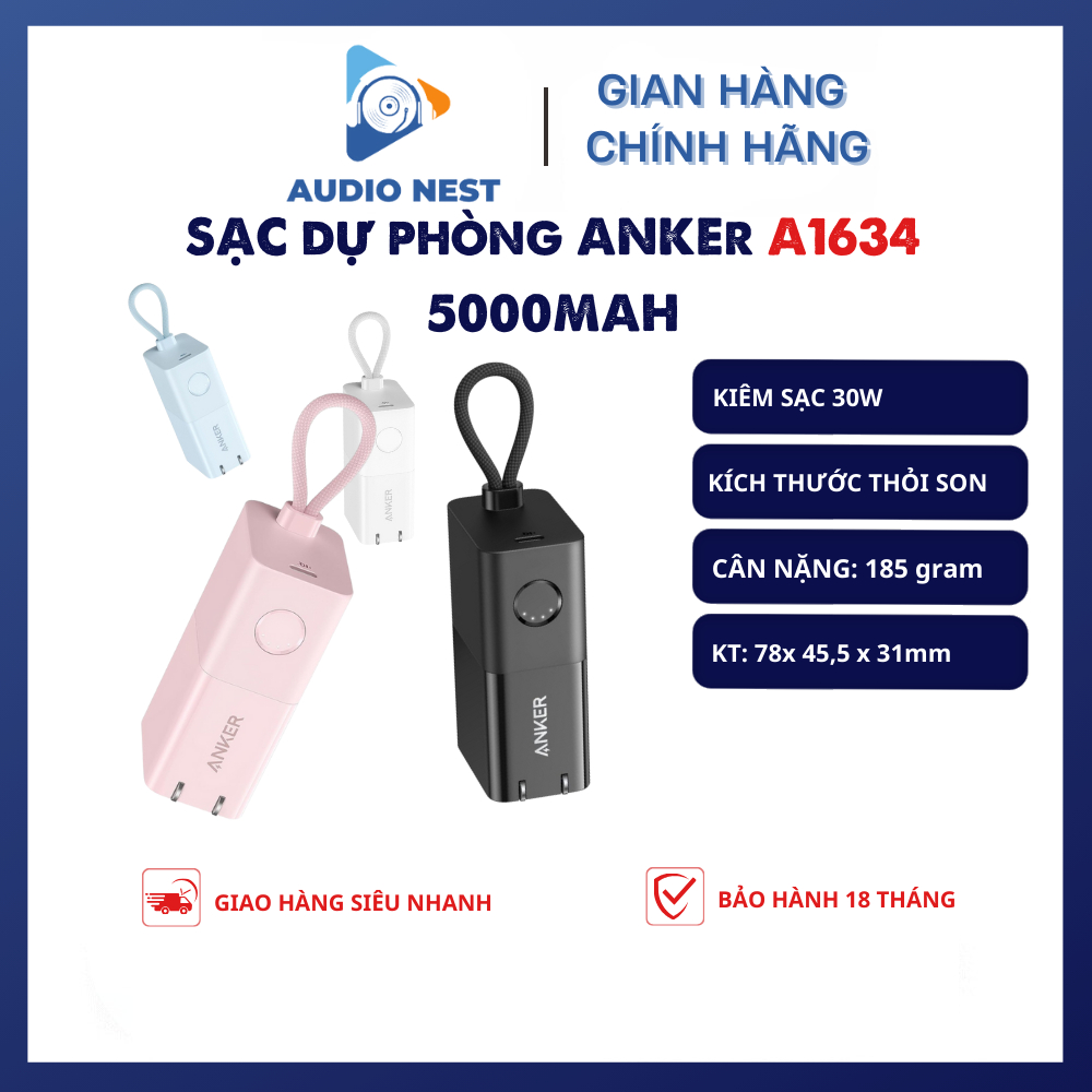  Pin Sạc Dự Phòng Anker A1634 Kích Thước Siêu nhỏ Kiêm củ sạc nhanh 5000mAh 30W - Bảo hành 18 tháng 