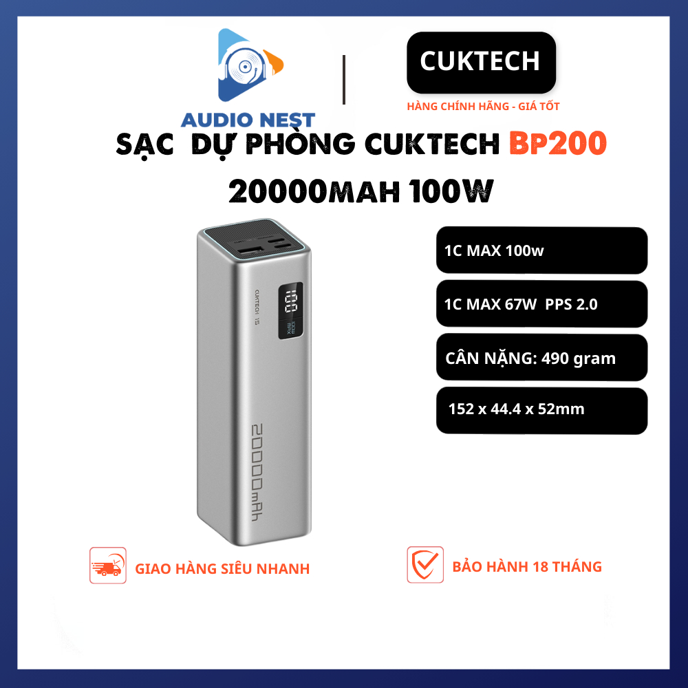 Sạc Dự Phòng Cuktech 20000mAh 85W (PB200) 2C1A PPS5A QC Mi Turbro - Bảo Hành 18 Tháng