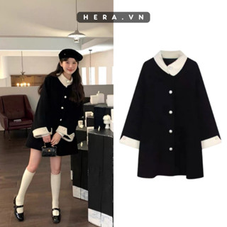 Áo khoác dạ tiểu thư Hera áo dạ dáng suông dài giấu quần cổ bẻ gài cúc ngọc T005 giấy hdsd