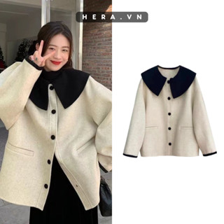 Áo khoác dạ HERA áo dạ nữ dáng rộng phối cổ vạt nhọn phong cách tiểu thư T040 giấy hdsd