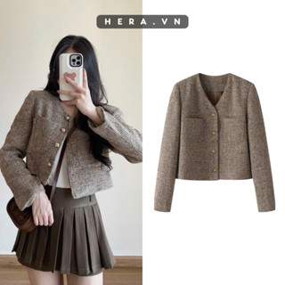 Áo khoác dạ kẻ Hera áo khoác dạ tweed dáng croptop form tiểu thư T039 giấy hdsd