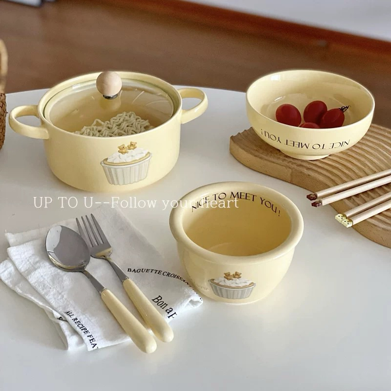 Nồi gốm sứ in hình cute, bát tô sứ 2 quai cute kèm nắp thuỷ tinh hoặc nắp sứ