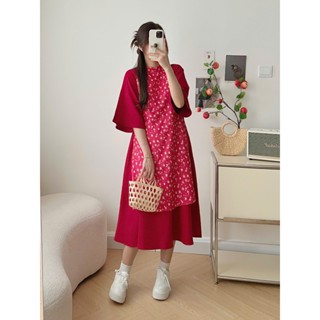 Set áo dài cách tân nữ dáng suông cổ tàu chất nhung tăm Maian tay lửng hoạ tiết hoa phối cùng chân váy nhung chéo S5419