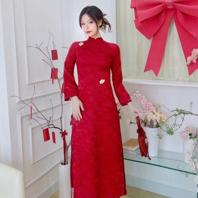 Áo dài thiết kế gấm phom suông 2 tà kèm quần đính đá sang trọng Ý TIÊN Callene (CC450)