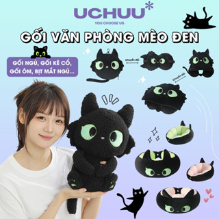 Gối Văn Phòng Mèo Đen UCHUU Gối Kê Cổ Hạt Xốp, Bịt Mắt Ngủ, Gối Chữ U Có Mũ Trùm Đầu Du Lịch Đa Năng