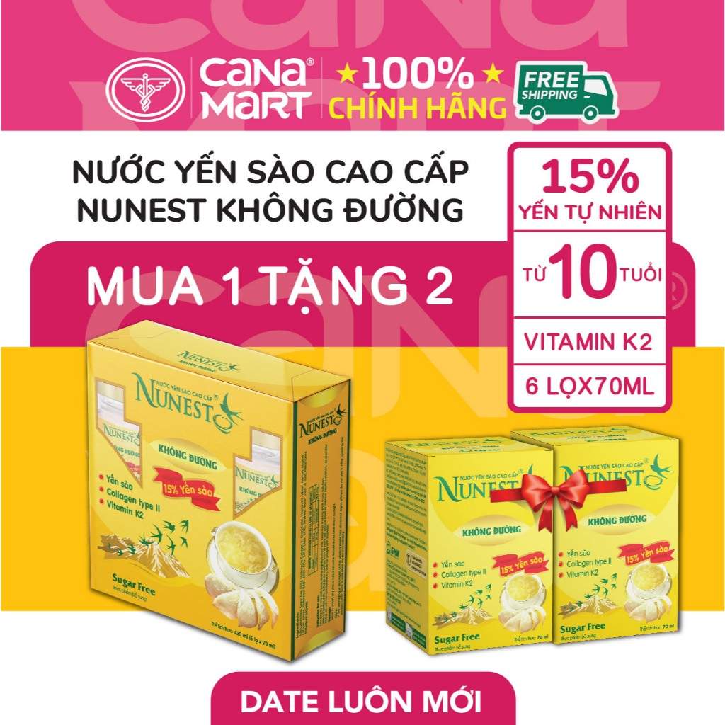 Lốc nước yến Nunest KHÔNG ĐƯỜNG Cao Cấp 15% Yến ổn định đường huyết (6 Lọ x 70ml)
