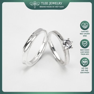 Nhẫn đôi bạc đeo nam nữ TLEE đôi sóng trụ đá sáu chấu thân viền hạt TLEEJEWELRY