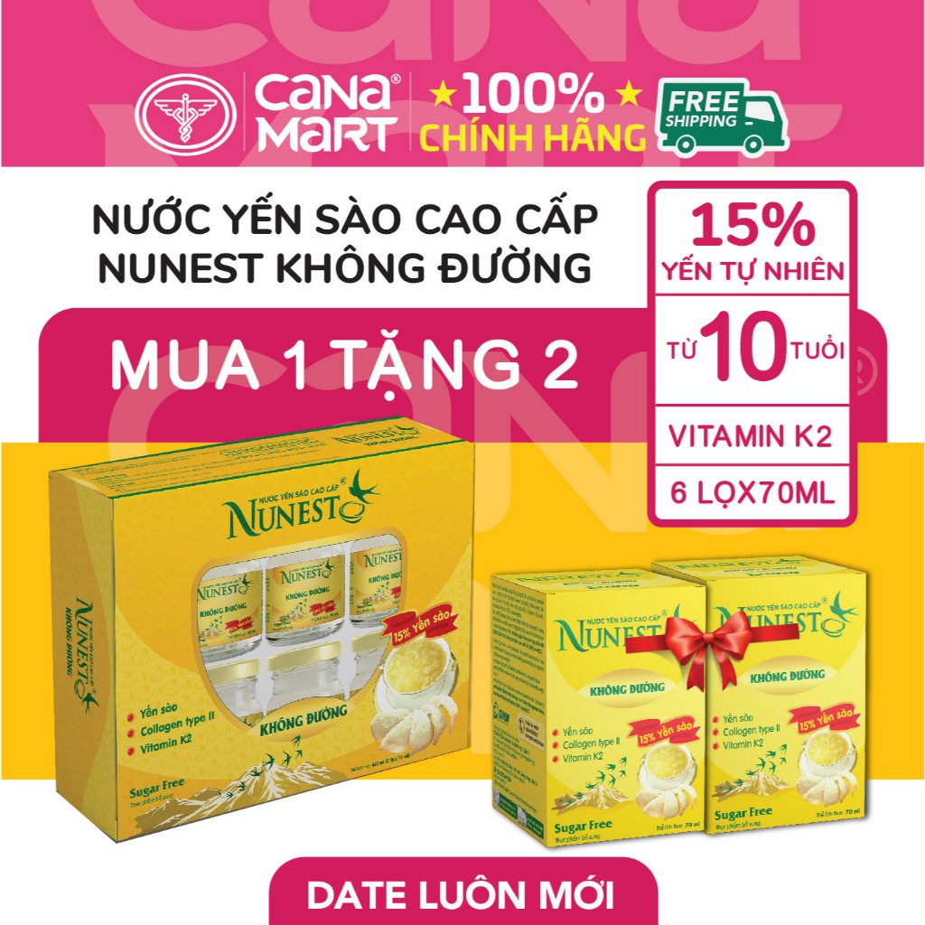 Hộp 6 lọ nước yến Nunest KHÔNG ĐƯỜNG giúp ổn định đường huyết (70ml)