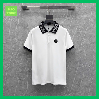 Áo Polo Nam Nữ Cổ Bẻ Philipp Plein Cotton Gai Thêu Logo QP Sắt Ngực Phối Cổ Dệt Nổi Chữ Vintage. Áo Cộc Tay Cho Anh Em