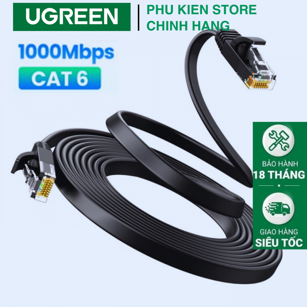 Cáp mạng thông dụng Cat6 Dây Dẹp Pvc Ugreen Cat đúc sẵn chuẩn RJ45 Tốc Độ 1000Mpbs
