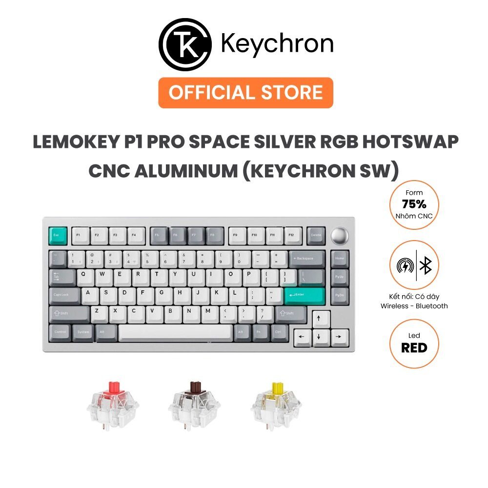Bàn phím cơ không dây Lemokey P1 Pro Space Silver RGB Hotswap CNC Aluminum (Keychron Sw)