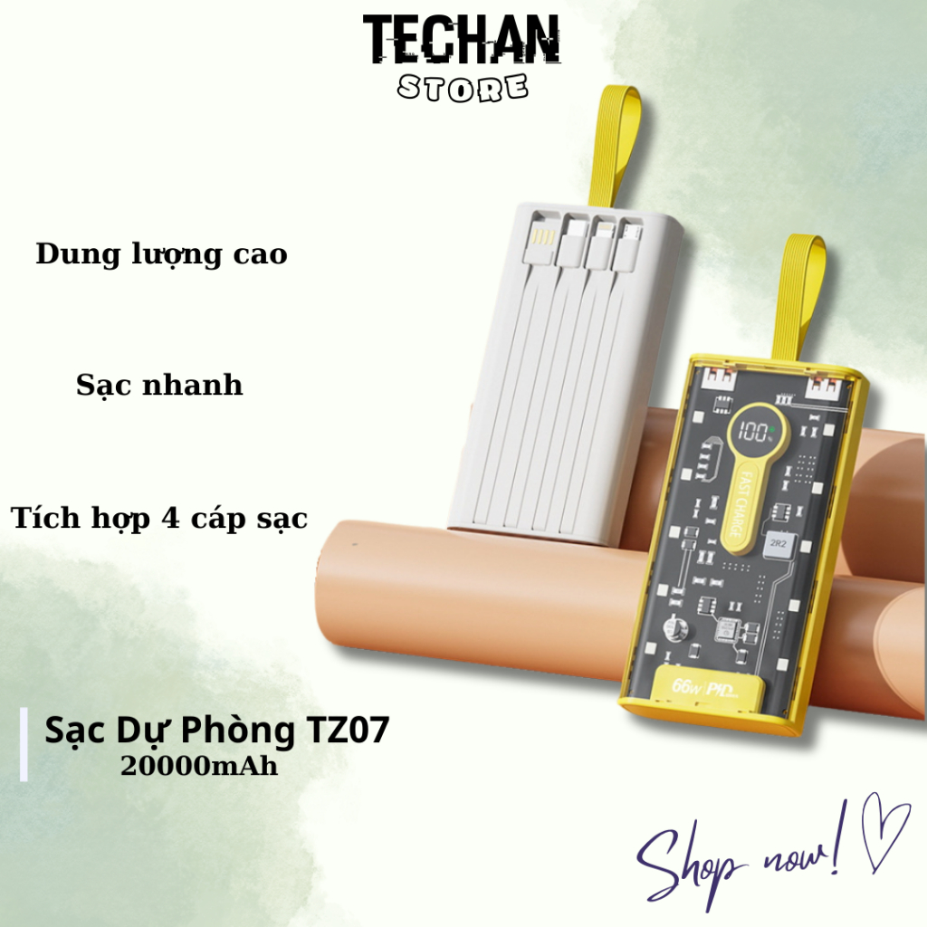 Sạc Dự Phòng Trong Suốt 20000mAh TZ07 Với 2 Cổng Sạc Nhanh 22.5w và PD 20W Kèm 4 Đầu Sạc, Màn Hình LED HKDOTI | BigBuy360 - bigbuy360.vn