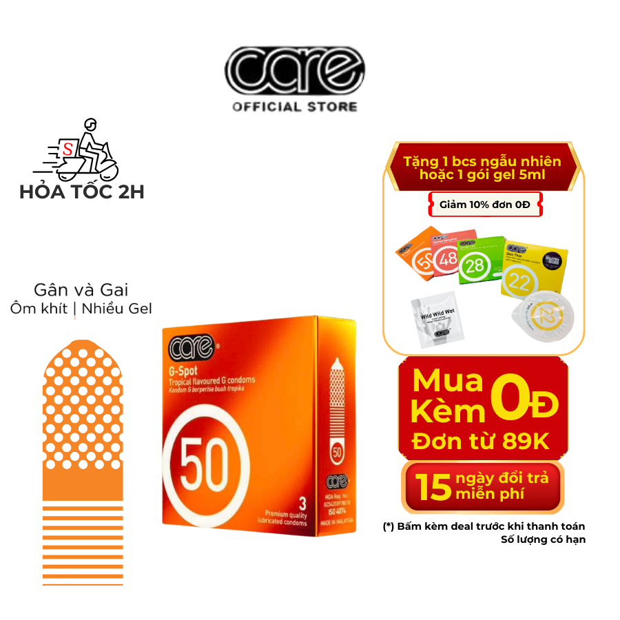 Bao Cao Su Có Gai Và Gân CARE 50 Nhiều Gel Bôi Trơn Kéo Dài Thời Gian, bcs Siêu Mỏng- Hộp 3 Bcs gai