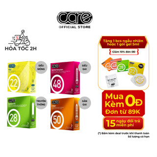 Combo 4 hộp 3 chiếc bao cao su CARE 22 28 48 50 siêu mỏng siêu gai kéo dài thời gian nhiều gel