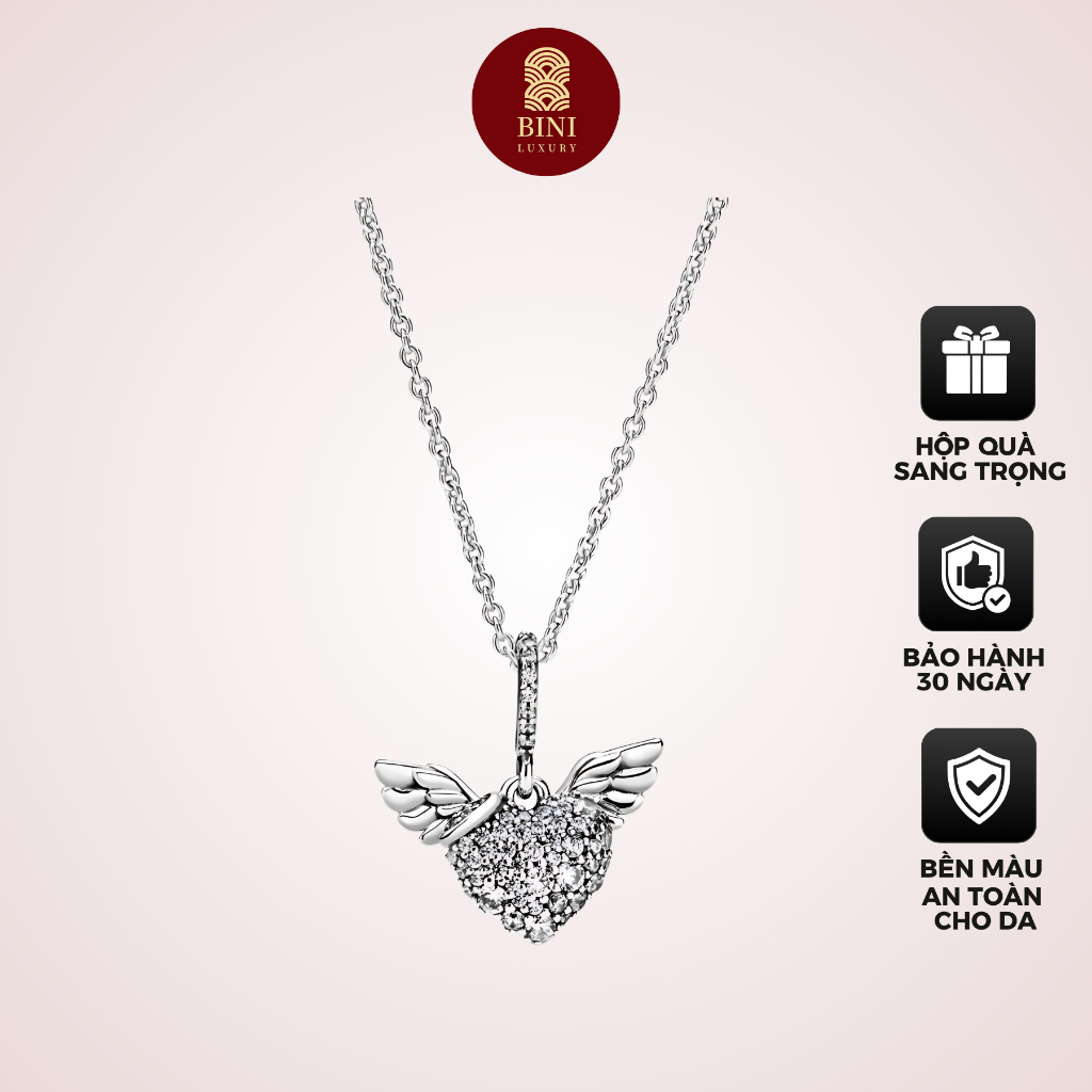 Vòng Cổ Pandora Trái Tim Và Cánh Thiên Thần Pavé Đính Đá Trắng, Bạch Kim [HÀNG CAO CẤP FULLBOX]