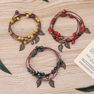 🍂Vòng Tay Gốm Sứ Đan Dây Xếp Lớp Charm Lá 🍂 Phong Cách Cổ Điển Vintage Xinh Xắn, Retro Bracelet