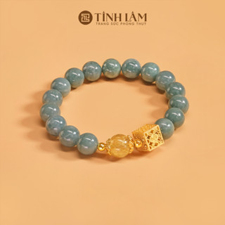 TINH LÂM Vòng Tay Phong Thủy Cẩm Thạch Xanh 10 Li - Charm Bọc Vàng Vuông Vân Mây