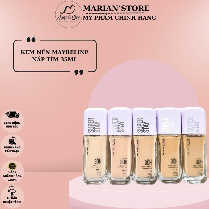 Kem nền Maybelline Superstay Lumi Matte 30H Foundation che phủ nhẹ mặt, Kem nền Maybelline nắp tím c