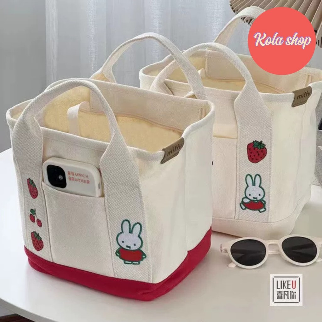 Túi xách bỉm sữa cho mẹ và bé vải canvas thêu hoạ tiết thỏ, túi xách nữ thời trang