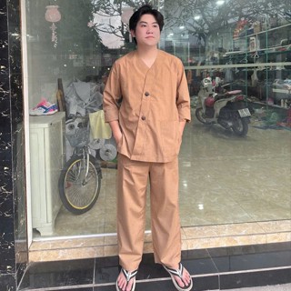 2 NÚT CỔ TIM NAM TICI Trang phục truyền thóng, đồ lam nam đi chùa, Quần áo Phật tử nam, đồ bộ mặc nhà nam vải TICI