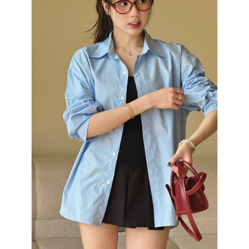 Áo Sơ Mi Thô Dài Tay, Áo Sơmi Trơn Giấu Cúc, Áo Sơ Mi Nữ Kiểu Form Dáng Rộng Miho House | BigBuy360 - bigbuy360.vn