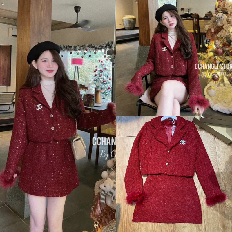 (Hoả Tốc) Set Dạ Tweed Đỏ Tay Phối Lông Áo Cổ V Mix Chân Váy A (Loại 1) Set Dạ Tweed Sang Chảnh Tết 