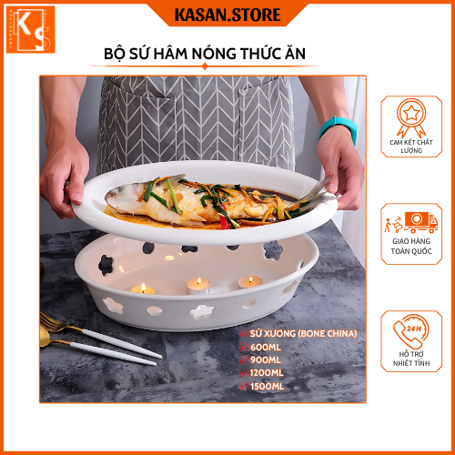 Đĩa Hâm Nóng Thức Ăn Sứ Xương Cao Cấp - Giữ Nhiệt Hoàn Hảo, Dung Tích 600ml/900ml/1200ml/1500ml