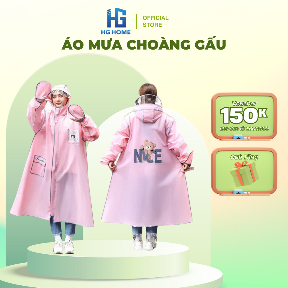 Áo Mưa Thời Trang HGHOME In Hình Gấu Nice Thiết Kế Chân Dài Có Kính Chắn Mưa, Khoá Kéo Tiện Lợi [HÀNG ĐẸP]