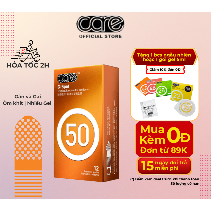 Bao Cao Su Có Gai Và Gân CARE 50 nhiều gel bôi trơn, siêu mỏng kéo dài thời gian- Hộp 12 bcs gân gai